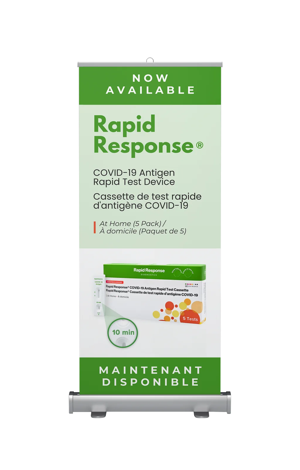 Rapid Response COVID-19 test roll-up banner, bilingual