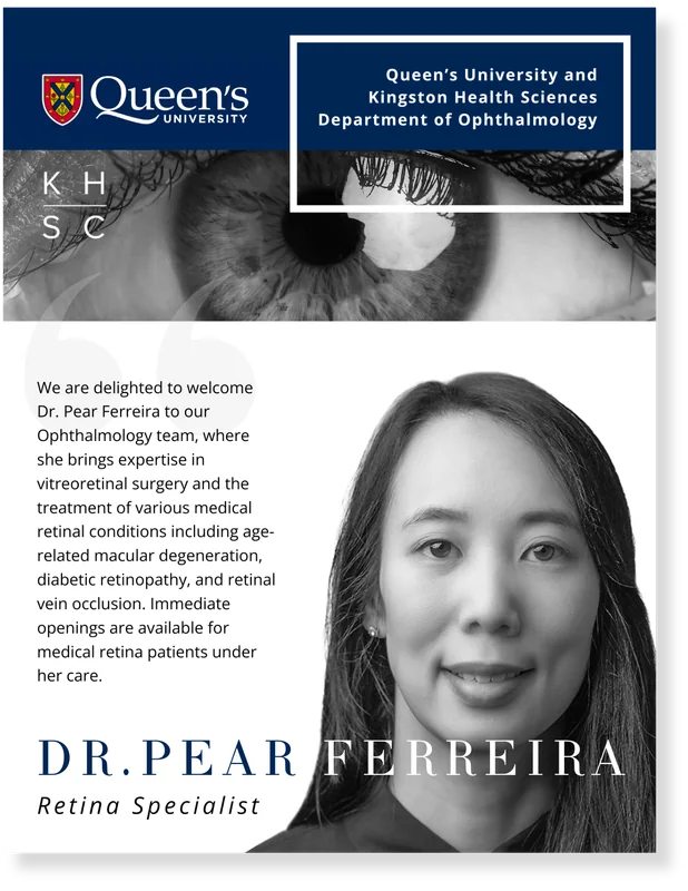 Flyer introducing Dr. Pear Ferreira, retina specialist