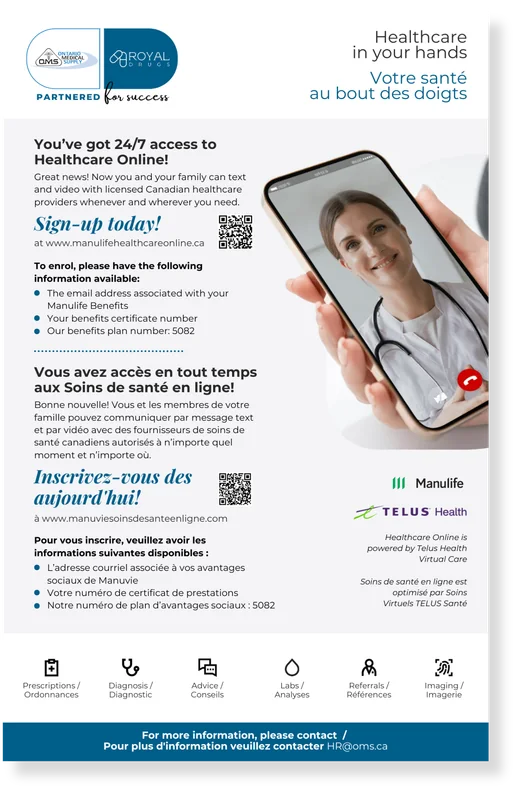 Bilingual flyer: healthcare in your hands, sign up for telehealth